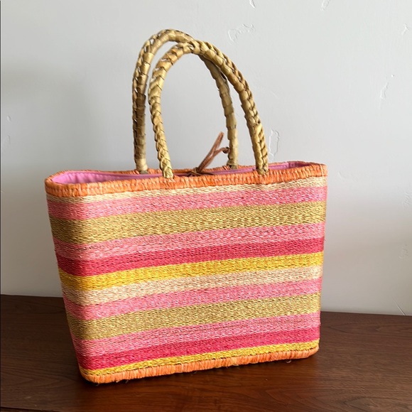 Express Striped Pink and Tan Tote Bag - Picture 1 of 4